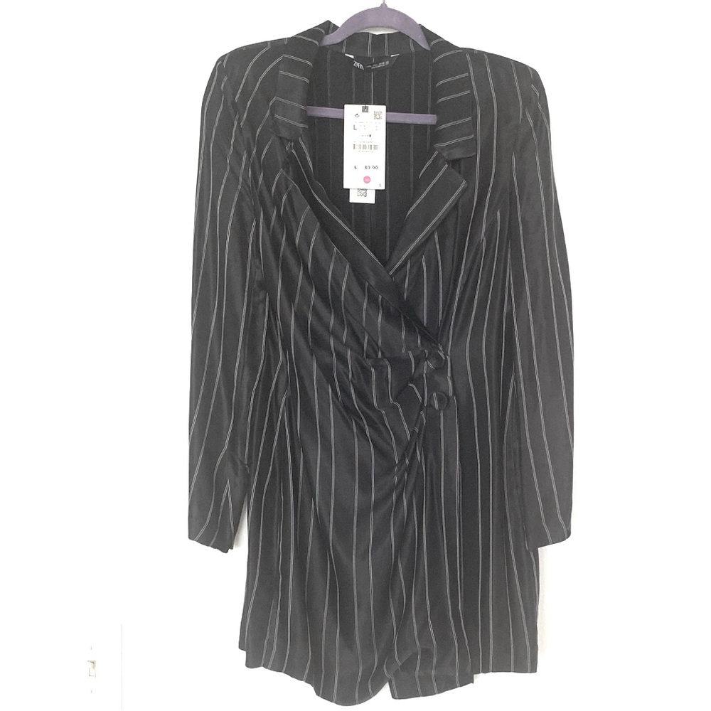 ZARA Long Blazer Black With White Stripes, Size L